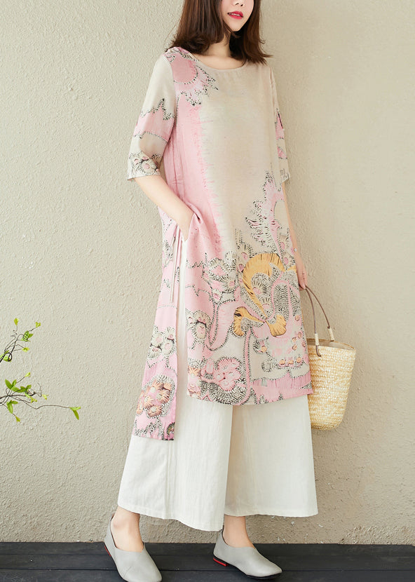 Dress Linen Pink Side Print Open Long Summer