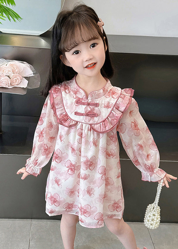 Pink Print Patchwork Cotton Girls Dresses Stand Collar Fall XZ088