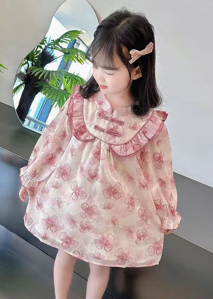 Pink Print Patchwork Cotton Girls Dresses Stand Collar Fall XZ088