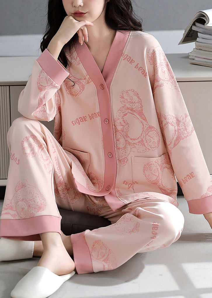 Fall Neck Pockets V Pajamas Print Pink Set Two-Piece Cotton
