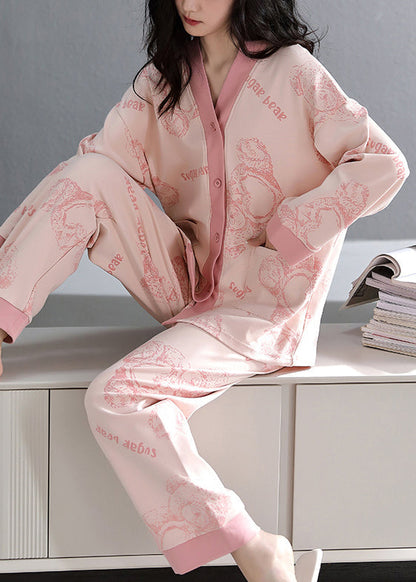 Fall Neck Pockets V Pajamas Print Pink Set Two-Piece Cotton