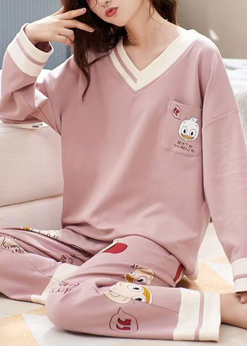 Set Pink Pockets Neck V Print Cotton Pajamas Patchwork Two-Piece