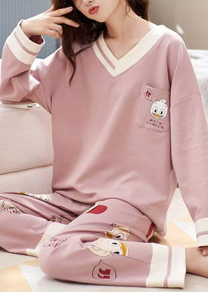Set Pink Pockets Neck V Print Cotton Pajamas Patchwork Two-Piece