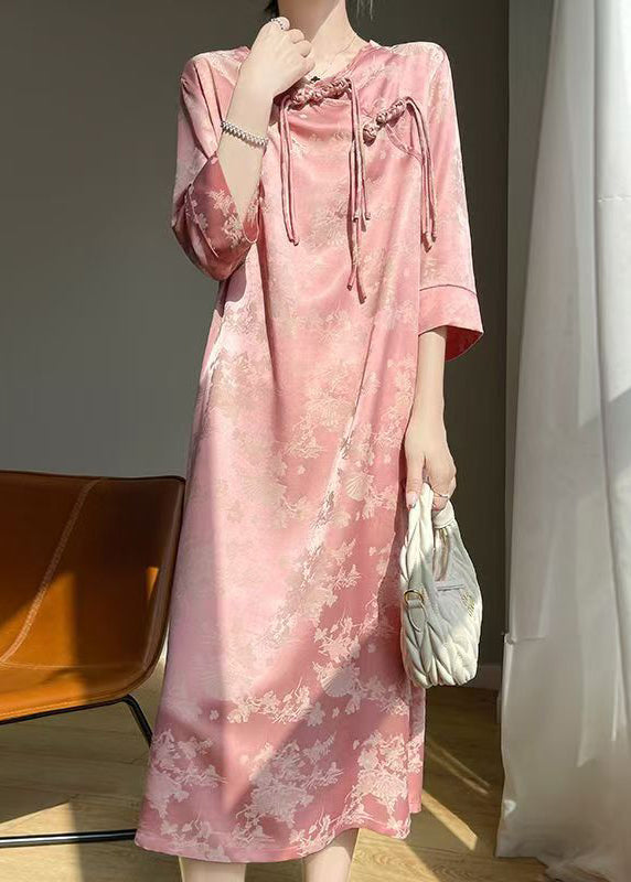 Pink Print Silk Long Dresses O Neck Bracelet Sleeve AB1033