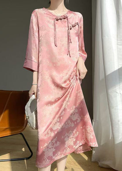 Pink Print Silk Long Dresses O Neck Bracelet Sleeve AB1033