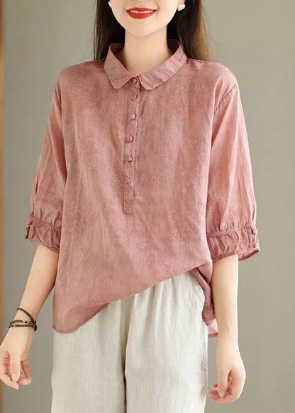 Pink Print Solid Linen Top Button Half Sleeve GG021