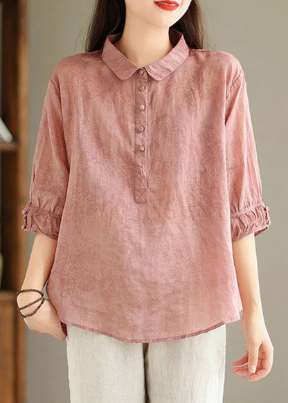 Pink Print Solid Linen Top Button Half Sleeve GG021