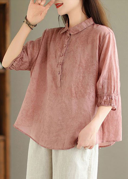 Pink Print Solid Linen Top Button Half Sleeve GG021