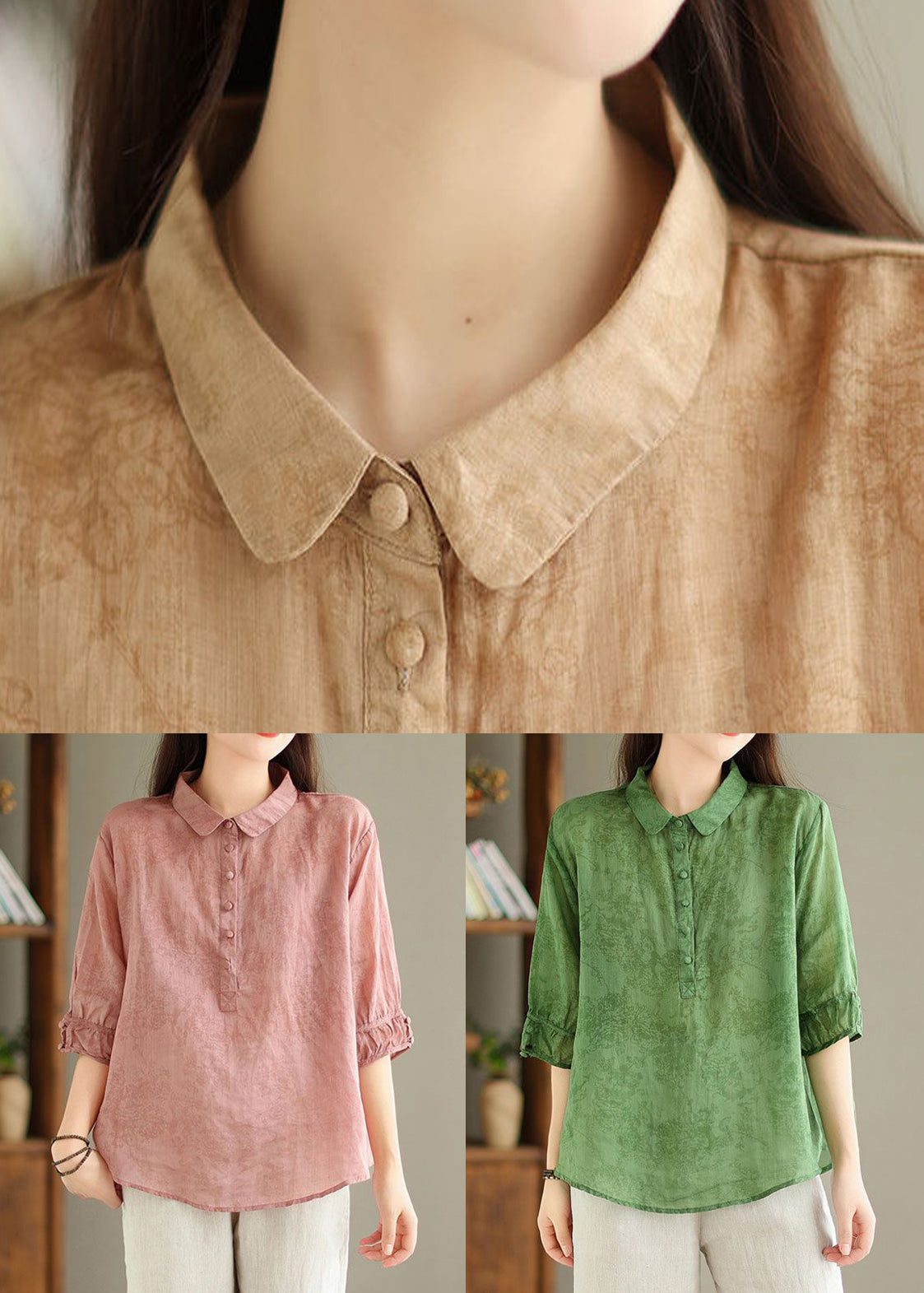 Pink Print Solid Linen Top Button Half Sleeve GG021