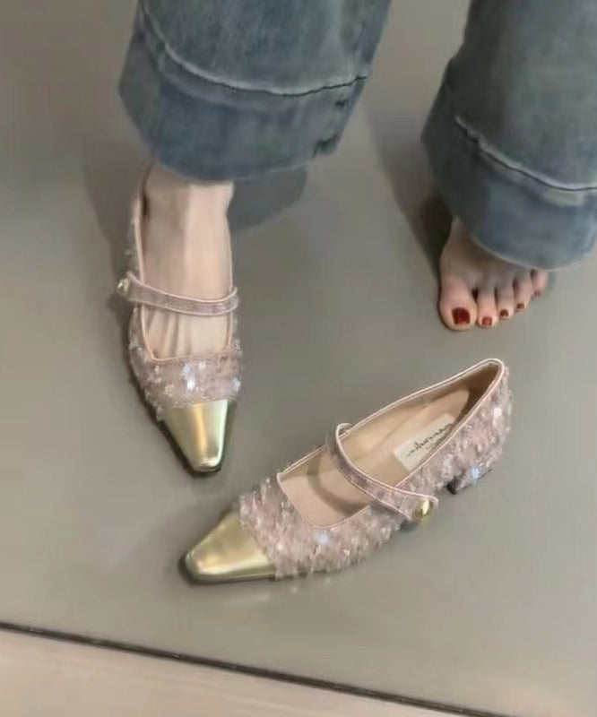 Mocassins à talons épais avec boucle et paillettes roses XC1038