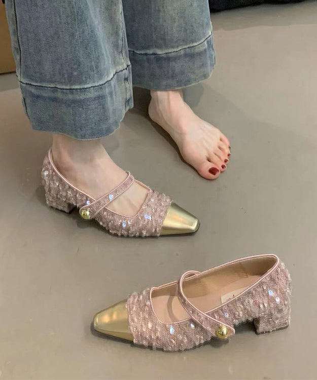 Mocassins à talons épais avec boucle et paillettes roses XC1038