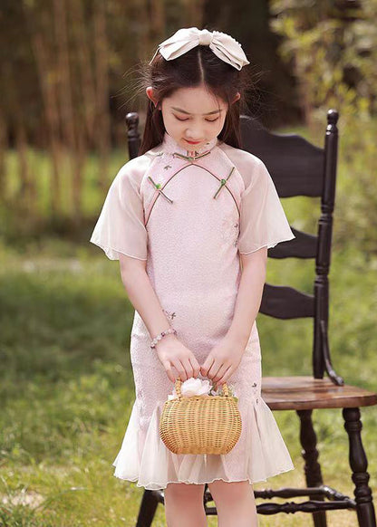 Collar Maxi Pink Stand Dress Button Sleeve Girls Short
