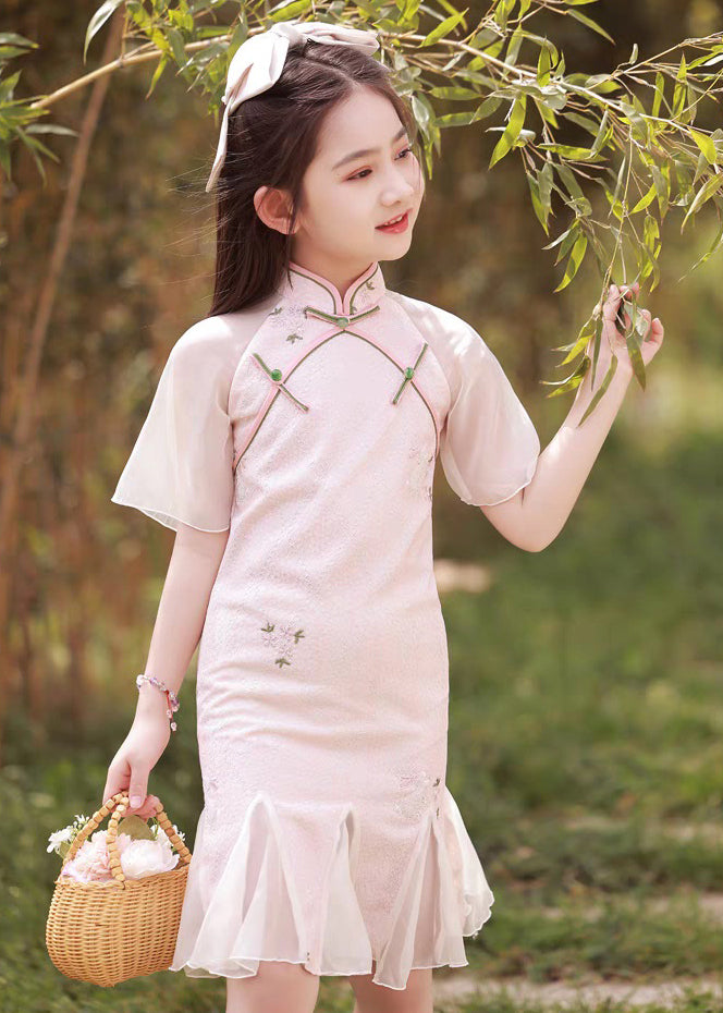 Collar Maxi Pink Stand Dress Button Sleeve Girls Short