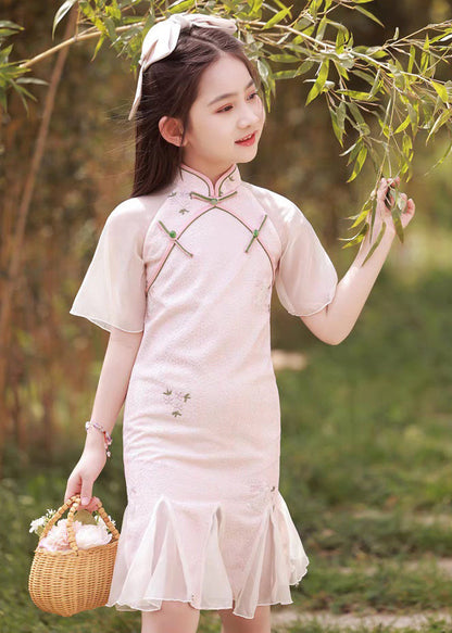 Collar Maxi Pink Stand Dress Button Sleeve Girls Short