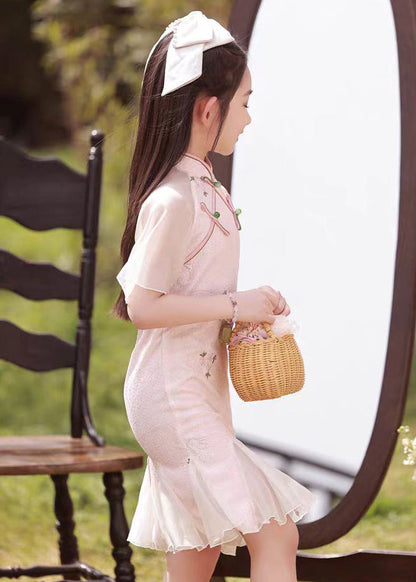 Collar Maxi Pink Stand Dress Button Sleeve Girls Short