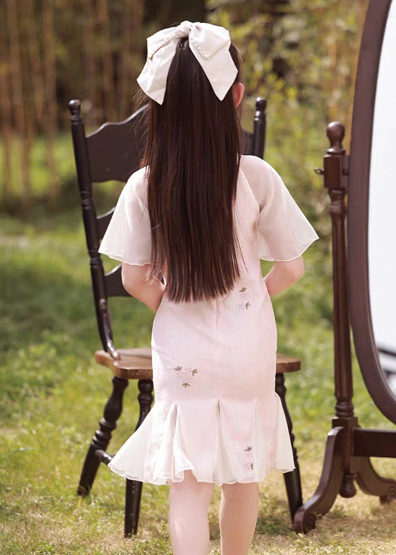 Collar Maxi Pink Stand Dress Button Sleeve Girls Short