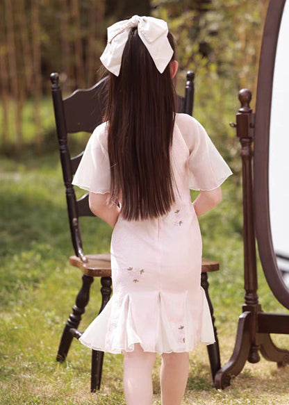 Collar Maxi Pink Stand Dress Button Sleeve Girls Short