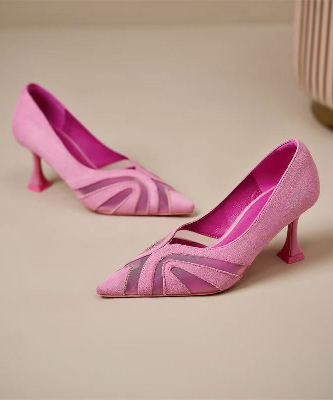 Splicing Tulle Chic Heels Suede High Pointed Toe Pink