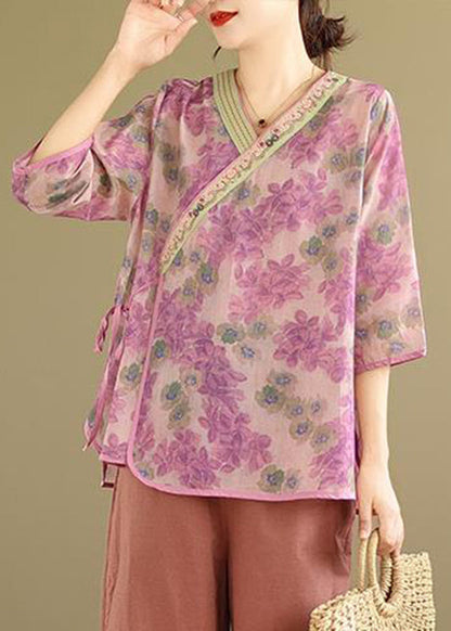 Pink Tie Waist Patchwork Shirt Summer UU031