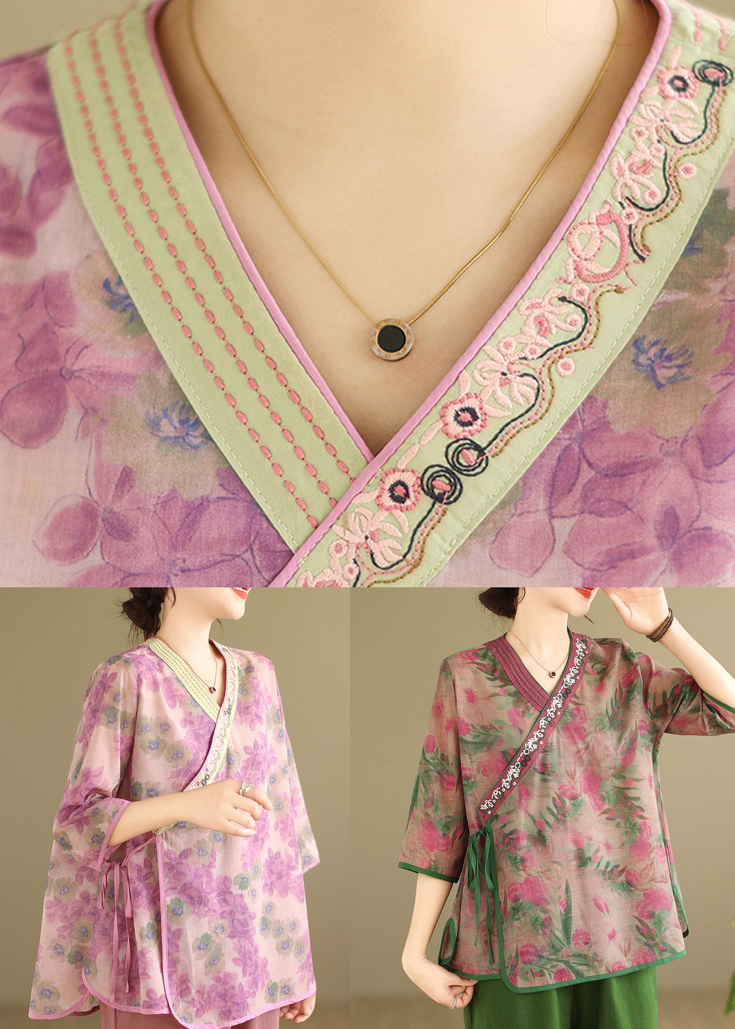 Pink Tie Waist Patchwork Shirt Summer UU031