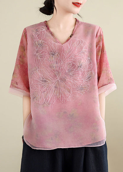 Pink V Neck Tulle Patchwork Shirts Short Sleeve AP014