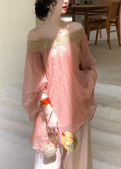 Chiffon Slash Pink Shirts Fall Wrinkled Patchwork Neck