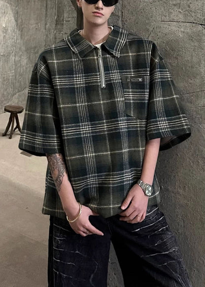 Shirt Zippered Men Sleeve Cotton Green Plaid Pullover Half