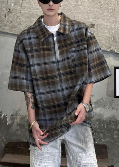 Shirt Zippered Men Sleeve Cotton Green Plaid Pullover Half