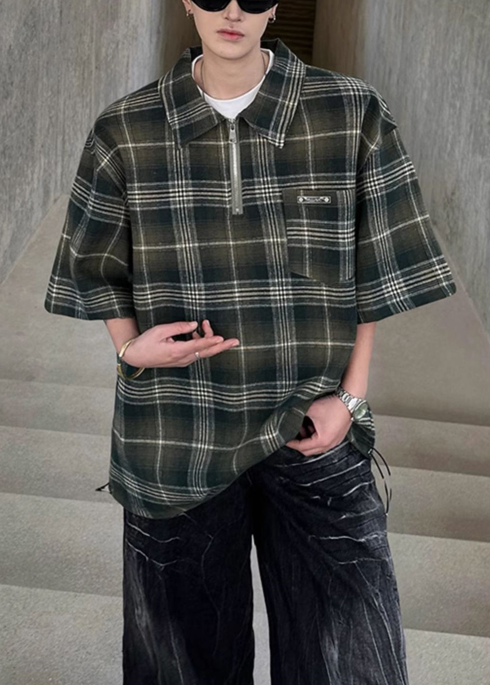 Shirt Zippered Men Sleeve Cotton Green Plaid Pullover Half