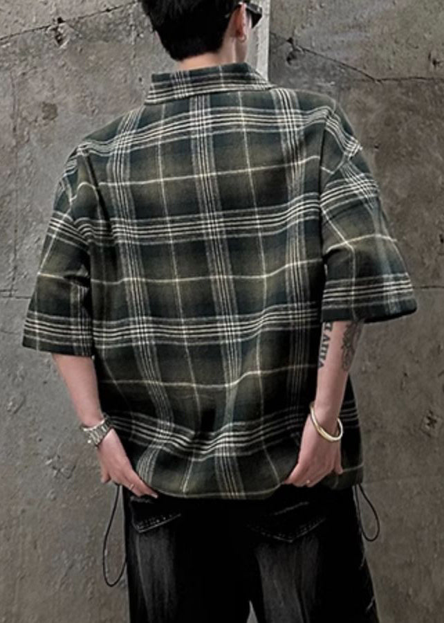 Shirt Zippered Men Sleeve Cotton Green Plaid Pullover Half