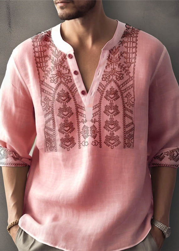 Size Apricot Shirt Button Cotton Print Plus T Men Fall