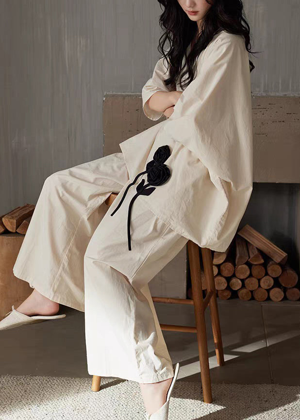 Cotton Neck Floral V Size Patchwork Apricot Two Pieces Set Plus