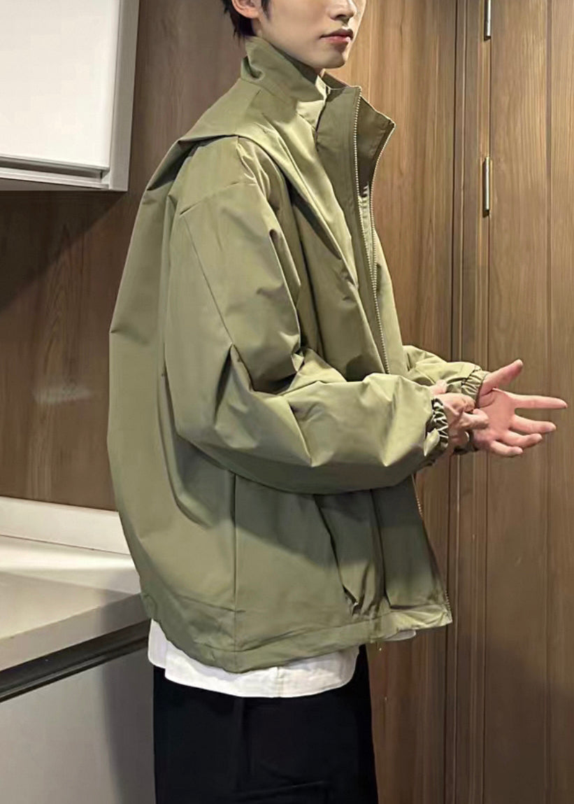 Men Coat Zippered Size Army Cotton Spring Collar Green Stand Plus