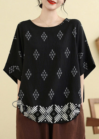 Plus Size O-Neck Loose Black Summer Top