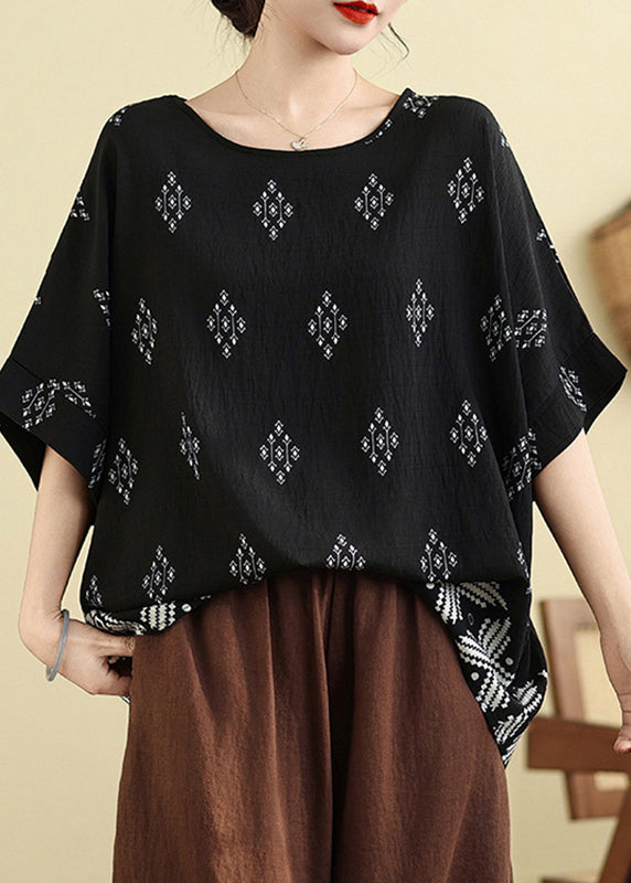 Plus Size O-Neck Loose Black Summer Top