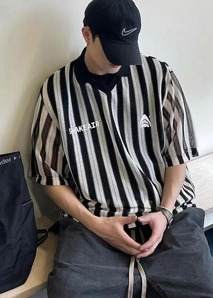 Grunt Cotton Size Plus Style Oversized Shirts Striped Black Men's