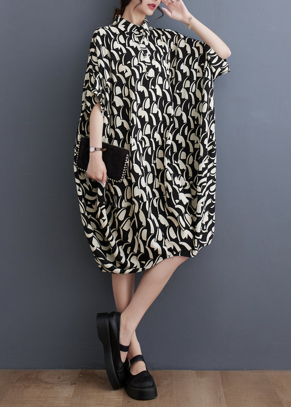 Plus Size Black Peter Pan Collar Print Cotton Shirts Dress Batwing Sleeve AP048