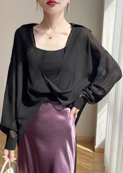 Size Blouses Chiffon Fall Plus Pan Peter Black Solid Collar