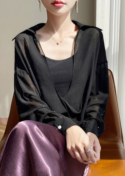 Size Blouses Chiffon Fall Plus Pan Peter Black Solid Collar