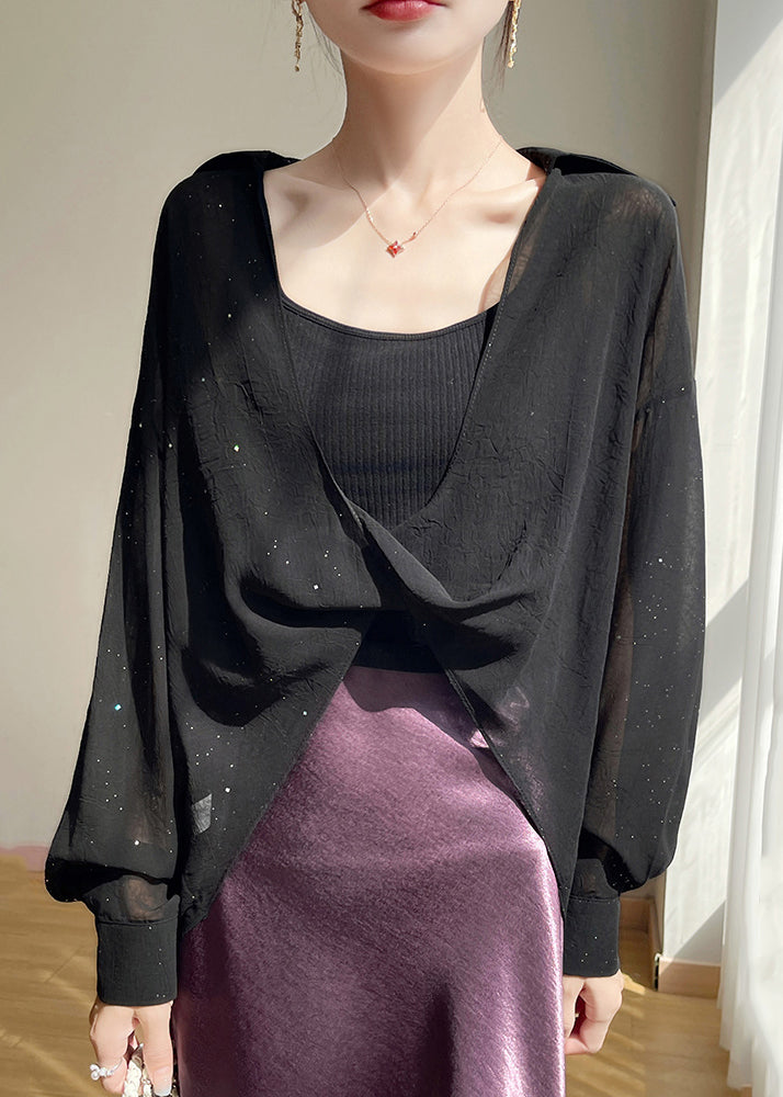 Size Blouses Chiffon Fall Plus Pan Peter Black Solid Collar