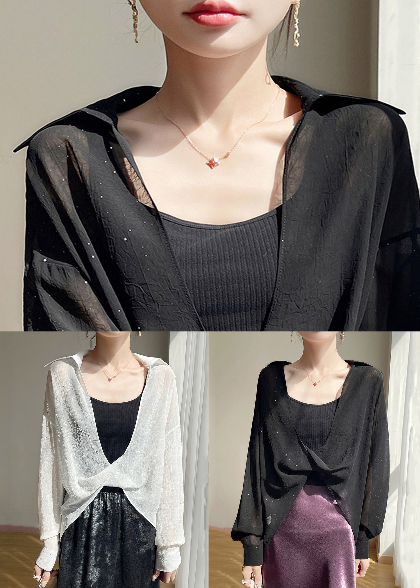 Size Blouses Chiffon Fall Plus Pan Peter Black Solid Collar