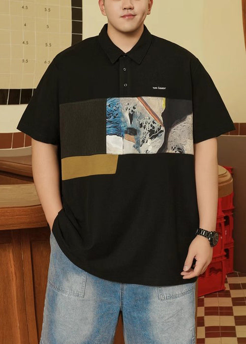 Print Men Plus Size Button Black Cotton Polo Summer Shirt