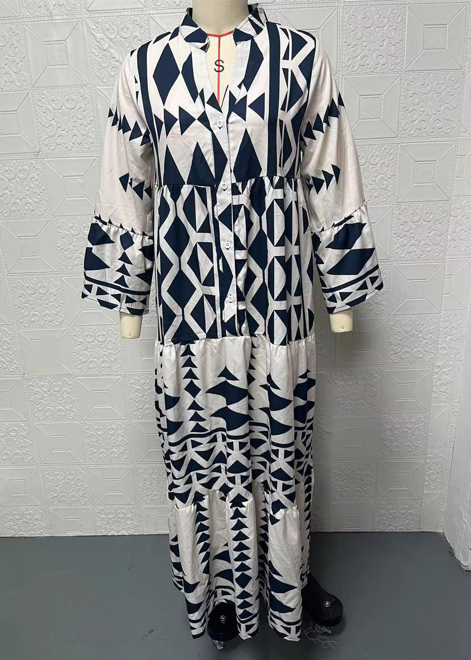 Plus Size Black Stand Collar Print Long Shirts Dresses Spring VB1050