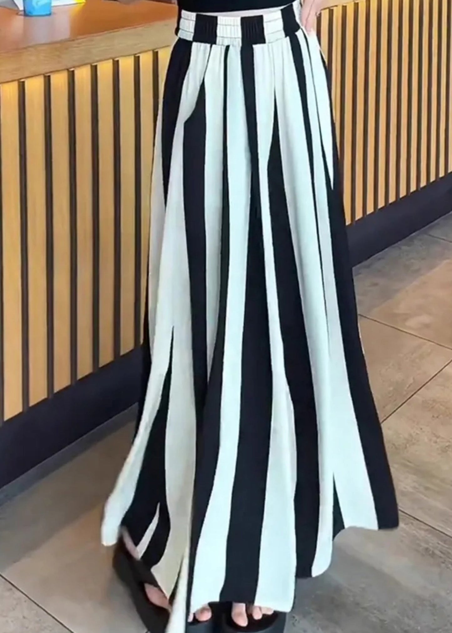 High Wide Black White Plus Striped Pants Leg Size Waist