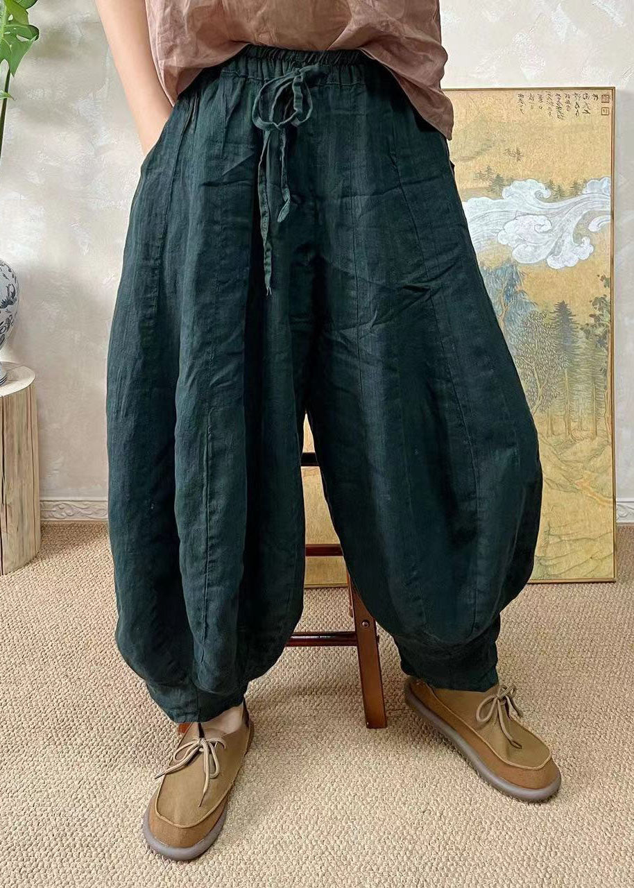 Pantalon lanterne en lin vert noir à taille élastique grande taille pour l'été FF037