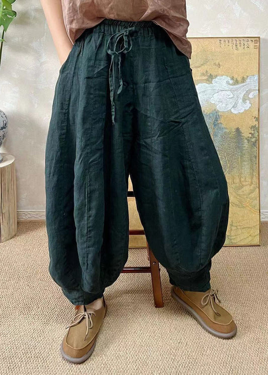 Plus Size Blackish Green Elastic Waist Linen Lantern Pants Summer FF037