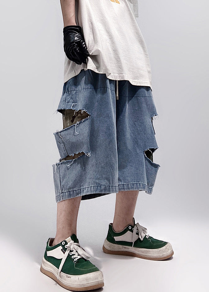Blue Plus Summer Size Hole Shorts Pockets Denim Men