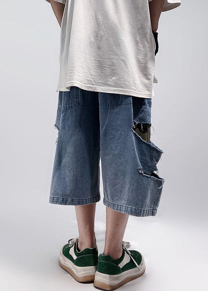 Blue Plus Summer Size Hole Shorts Pockets Denim Men