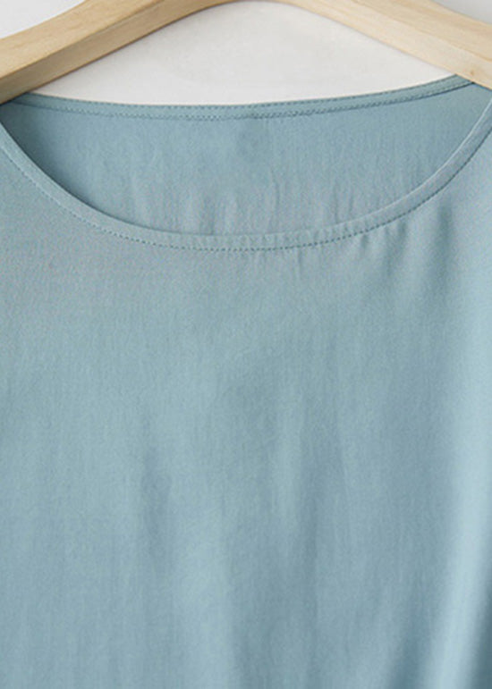 T-shirt d'été en coton brodé à col rond bleu grande taille AM1059