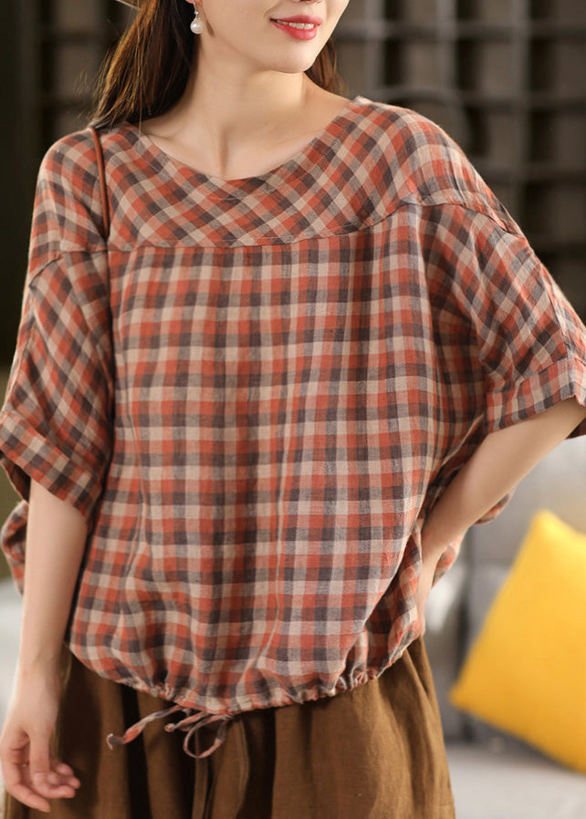 Summer Size Patchwork Plaid Neck O Blue Plus Linen Top